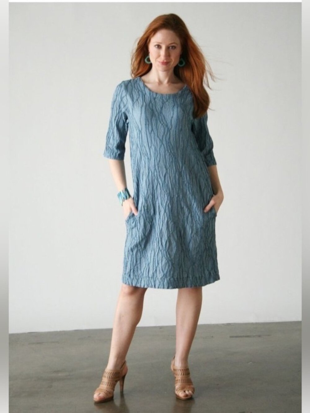 Cut Loose ELBOW SLEEVE SHIFT DRESS JACQUARD CHECK Blue Medium Crinkle Lagenlook